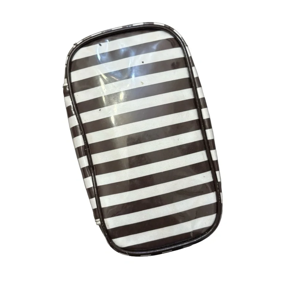 Henri bendel white & brown striped cosmeti case bag.